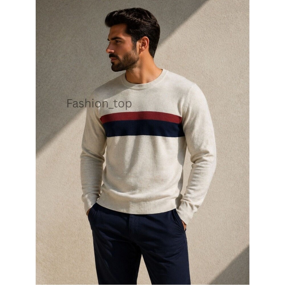 J. Crew Men's Crew Neck Cotton Sweater Beige Red Navy Stripe